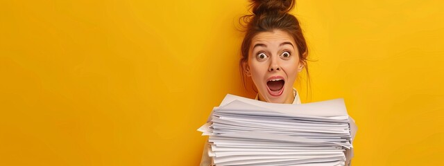 Surprised woman with big stack of paper documents, workload overtime concept. Background with copyspace for your text