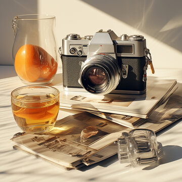 Vintage camera, magazine and glass of orange juice on white table