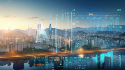 Financial graphs and digital indicators overlap with Double exposure of night skyscrapers Pyongyang city office buildings background. Banking, financial and trading concept.