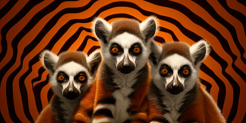 A funny three lemurs looking for the camera with orange and black stripes background