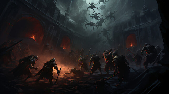 A group of adventurers battling a horde of monsters in