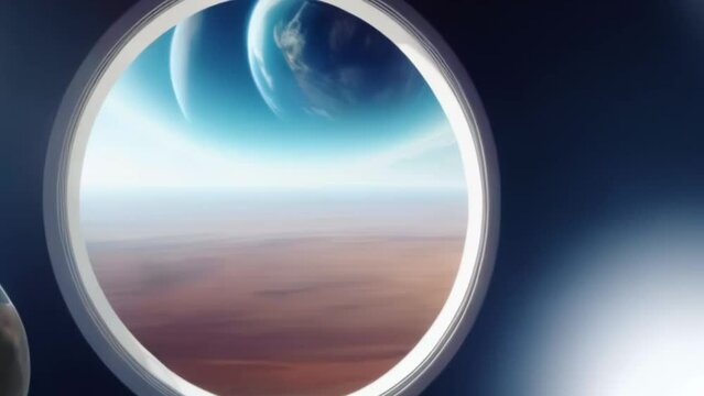 view of planet's surface from spaceship window, planet Earth in porthole, outer space, Generative AI,