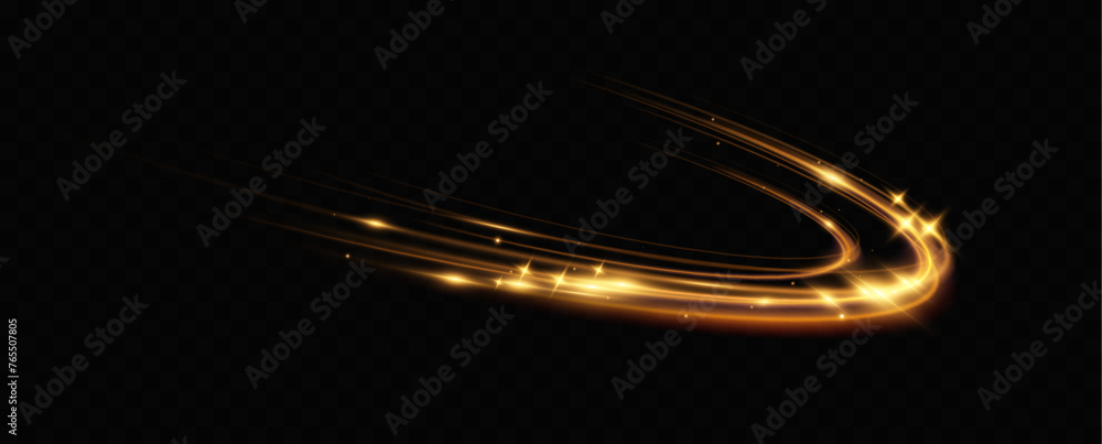 Poster Golden glowing swirl. The effect of moving at the speed of light. Easy trail. Shiny wavy path. Vector.Neon light.