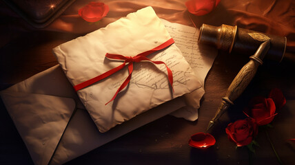 A handwritten love letter sealed with a scarlet kiss, waiting to be discovered - obrazy, fototapety, plakaty