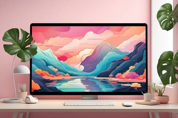 A computer screen with a colorful background and a colorful landscape