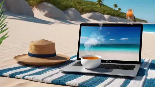 Laptop with teacup and straw hat on the beach. Seamless looping time-lapse 4k video animation background