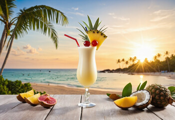 Pina Colada cocktail on sunset tropical scenery background colourful background