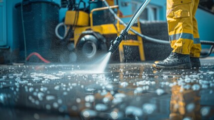 Close up of worker cleaning driveway with gasoline high pressure washer - obrazy, fototapety, plakaty