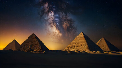 Pyramids of Giza under a cosmic canopy Photo real for Legal reviewing theme ,Full depth of field, clean bright tone, high quality ,include copy space, No noise, creative idea - obrazy, fototapety, plakaty