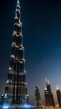 Starlit skyline of Dubai�s Burj Khalifa Photo real for Legal reviewing theme ,Full depth of field, clean bright tone, high quality ,include copy space, No noise, creative idea