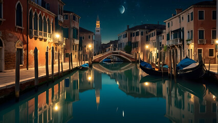 Venice canals reflecting a lunar fantasy Photo real for Legal reviewing theme ,Full depth of field, clean bright tone, high quality ,include copy space, No noise, creative idea