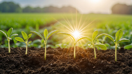 Tiny green plants growing out of brown soil towards a bright light. - obrazy, fototapety, plakaty