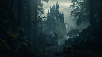 A haunted castle shrouded in mist and surrounded by ee - obrazy, fototapety, plakaty