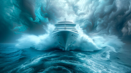 Storm in the North Sea. The ship makes its way among the raging waves and ice. - obrazy, fototapety, plakaty