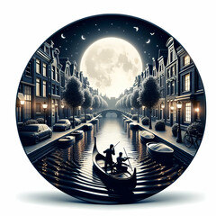 Moonlight Sonata over the canals of Amsterdam Photo real for Legal reviewing theme ,Full depth of field, clean bright tone, high quality ,include copy space, No noise, creative idea - obrazy, fototapety, plakaty