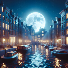 Moonlight Sonata over the canals of Amsterdam Photo real for Legal reviewing theme ,Full depth of field, clean bright tone, high quality ,include copy space, No noise, creative idea