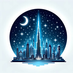 Starlit skyline of Dubai’s Burj Khalifa for 3D flat cute chibi icon with isolated white background in Legal review theme ,Full depth of field, high quality ,include copy space, No noise, creative idea