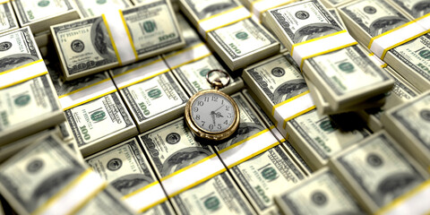 Time is money illustration 3d rendering decorated with clock and us 100 bill