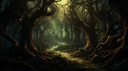 A haunted forest with twisted trees and glowing eyes w