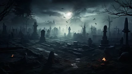 Deurstickers A haunted graveyard with eerie mist and spooky tombsto © Little