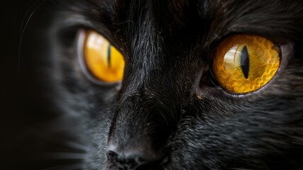 A close-up view of a sleek black cat with piercing yellow eyes staring directly at the camera