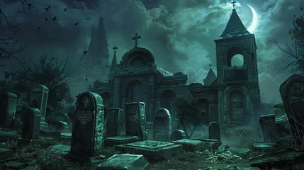 Zelfklevend Fotobehang A haunted graveyard with tombstones and mausoleums. © Little