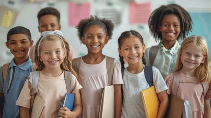 Portrait of cheerful smiling diverse school children standing posing in classroom holding notebooks and backpacks looking at camera