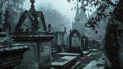 Fotobehang A haunted graveyard with tombstones and mausoleums. © Little