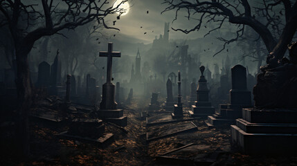 A haunted graveyard with tombstones and mausoleums.