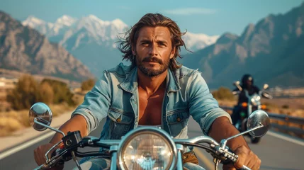 Foto op Canvas a male character, fiercely staring into the camera, exuding an air of confidence and adventure. Perched atop a powerful chopper motorcycle. In the backdrop, majestic mountains with snow-capped peaks © Nataliia_Trushchenko