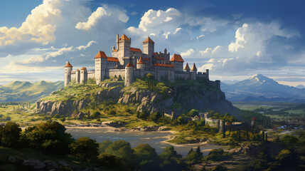 A historic castle perched on a hilltop with turrets