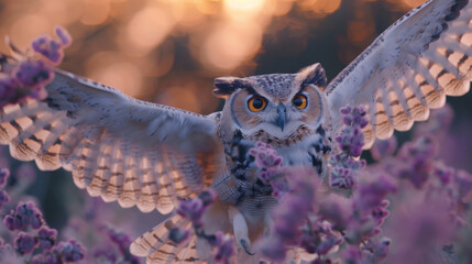 A majestic owl glides gracefully over a field of blooming purple flowers at dusk.