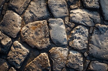 A close view of a rock wall constructed with interlocking rocks, showcasing their various shapes and sizes