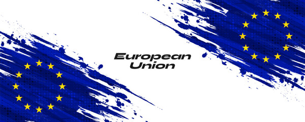 European Union Flag in Brush Paint Style with Halftone Effect. Flag of Europe with Grunge Concept - obrazy, fototapety, plakaty