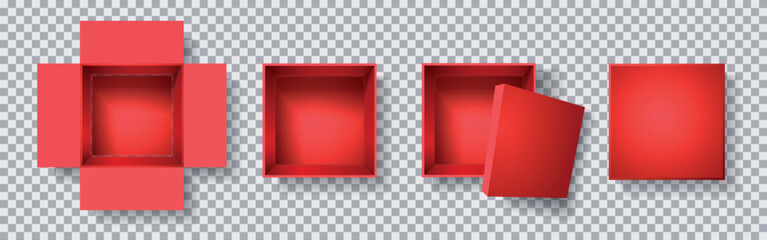 A set of vector illustrations top view of a red gift box, closed and open, with a lid. View from above. Festive present packaging. - 765511673
