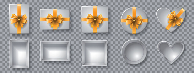A set of vector illustrations, top view of silver gift boxes and lids with a golden bow, square, rectangular, round, in the shape of a heart. View from above. Festive gift wrapping. Isolated.  - 765511676