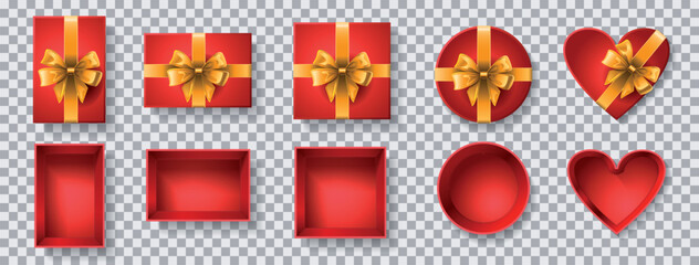 A set of vector illustrations, top view of red gift boxes and lids with a golden bow, square, rectangular, round, in the shape of a heart. View from above. Festive gift wrapping. Isolated.  - 765511679