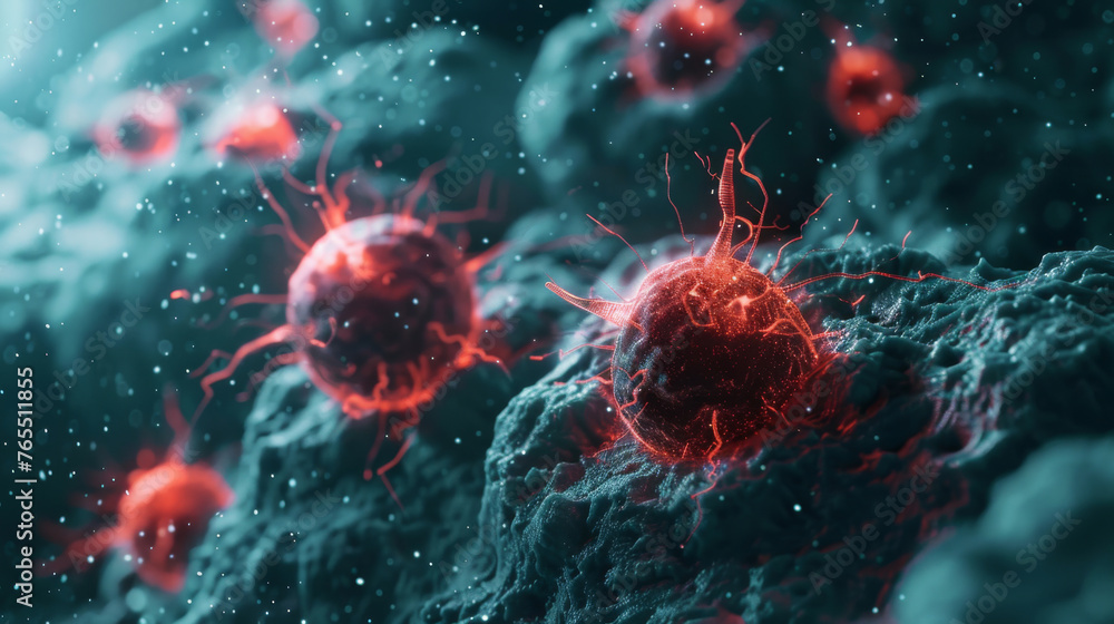 Poster digital illustration of virus particles invading cellular structures, highlighted in red on a micros