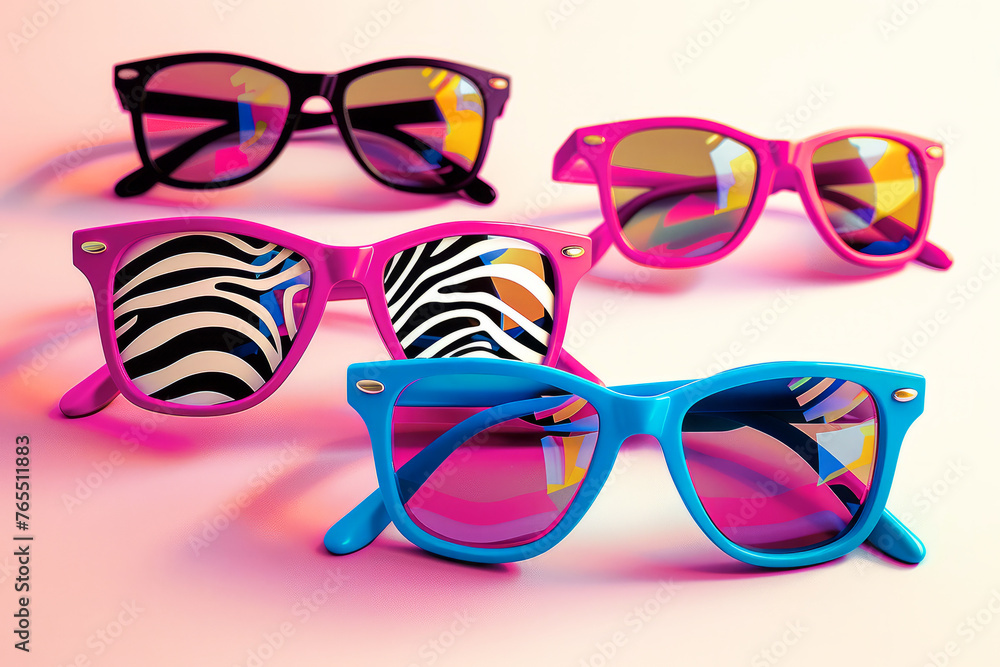 Poster four pairs of sunglasses with different colors and patterns. the sunglasses are arranged in a row, w