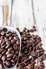 Big stainless steel scoop of coffee beans