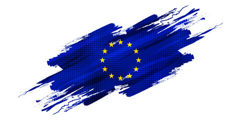 European Union Flag in Brush Paint Style with Halftone Effect. Flag of Europe with Grunge Concept © WzKz