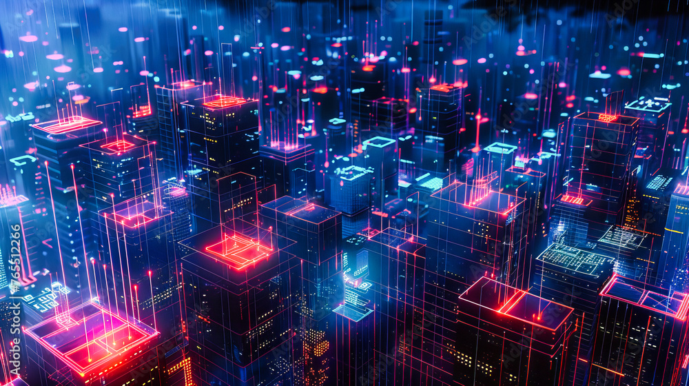 Poster a blueprint of the future city, where technology and architecture merge in a dynamic landscape of di