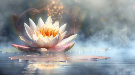 Golden light caresses a blooming lotus in a misty pond, evoking a sense of warmth and spiritual awakening on Vesak Day. - obrazy, fototapety, plakaty