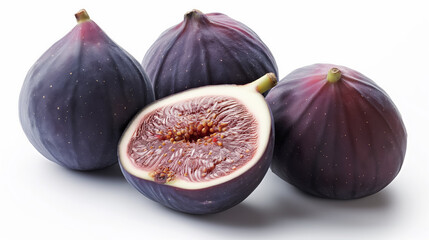 Fresh figs, one sliced, on a white backdrop.