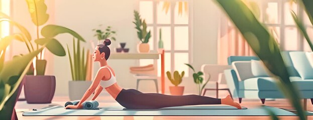 Yoga at home active lifestyle woman rolling exercise mat in living room for morning meditation yoga banner background. 4K Animated