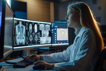A medical professional is analyzing various X-ray images displayed on multiple computer screens in a dark room