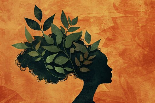 a silhouette of a woman with leaves in her hair