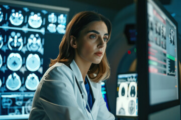 A female doctor with brown hair closely examines numerous brain imaging scans displayed on a dark screen