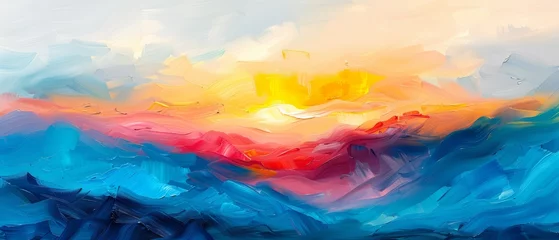 Schilderijen op glas  A stunning sunset painting shows a mountainous horizon and shimmering water below The sky is an explosion of colors including blue, yellow, red, and orange © Albert