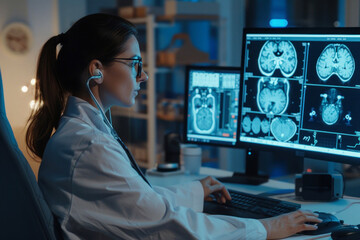 A medical expert analyzes brain scans at a high-tech neuroimaging workstation in a hospital setting